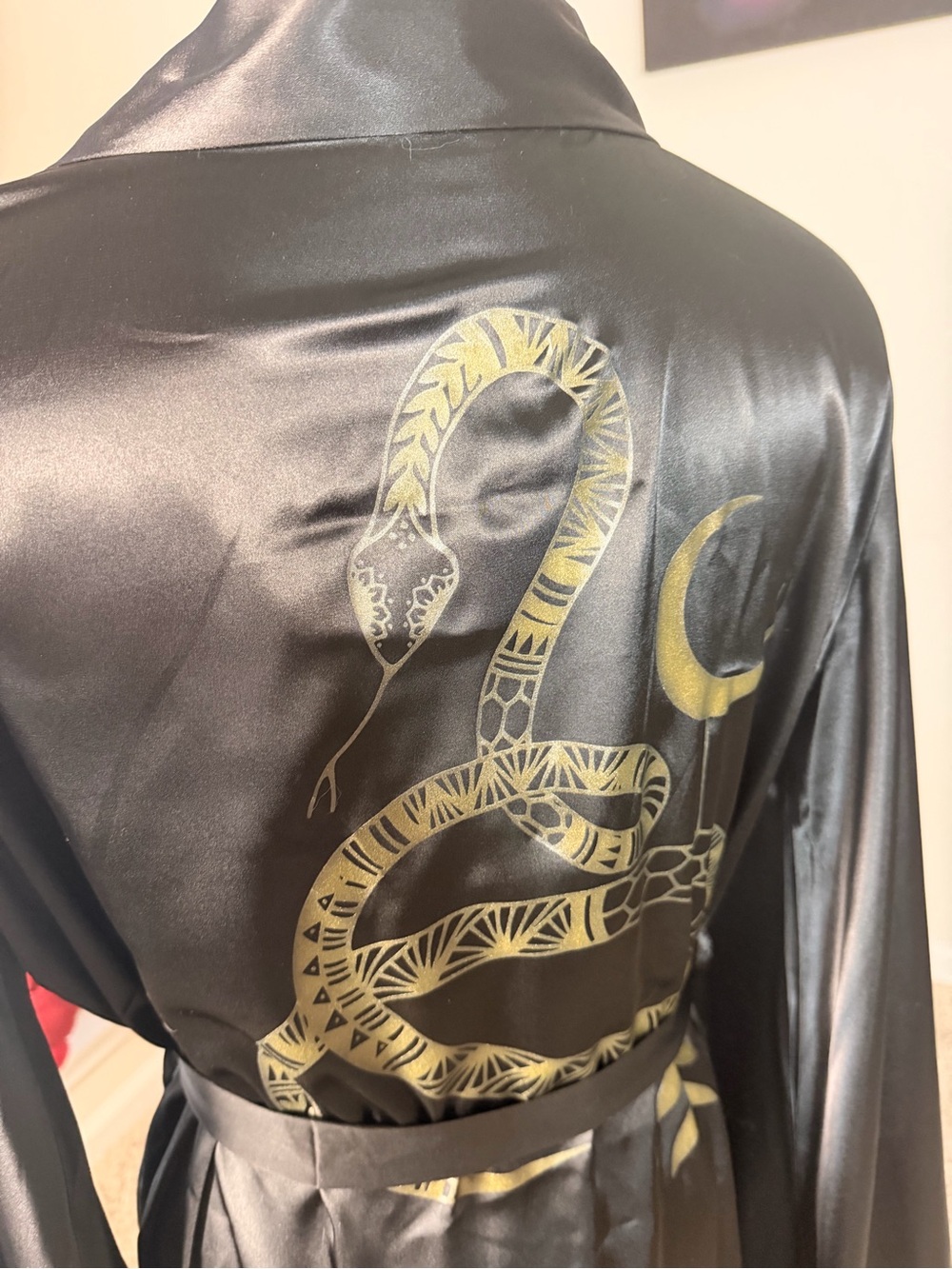 Women's Black Satin Long Robe - Classic Luxury - Picture 3 of 3
